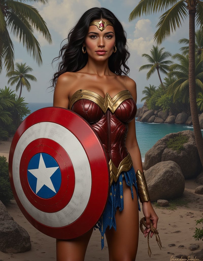 Wonder Woman borrowing Captain America's Vibranium Shields in a Serpent Island, portraits, realistic oil on canvas painting, Don Lawrence style