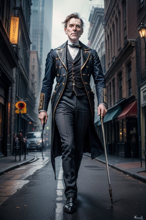 Professional photorealistic artwork of a ((Victorian Englishman))with walking cane in present day Modern street of New Yor...