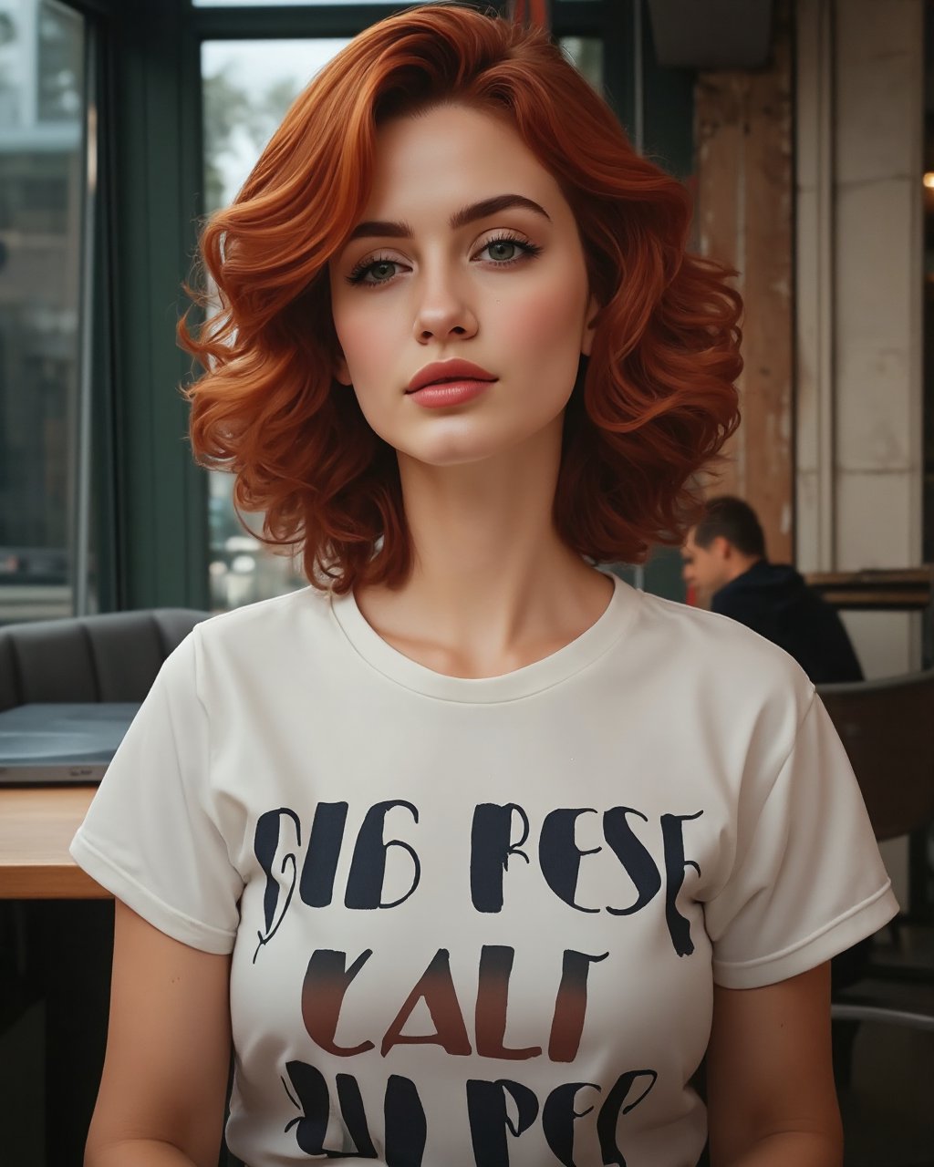 Ginger haired shot curly hair style Beautiful Woman [Marilyn Monroe:Maude Adams:0.45] donning T-Shirt with Text "Gue Rese Kalo Lagi Laper", sitting at the cafe waiting for her food order, realistic, masterpiece street photography style