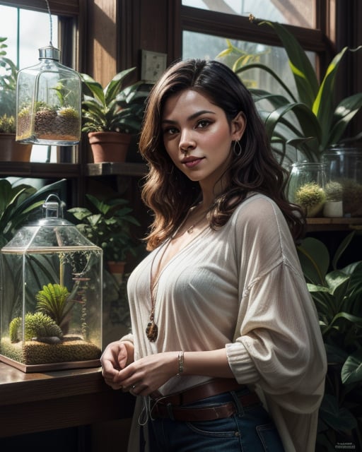 A (waist up) cinematic photorealistic color digital painting of professional photo model Anna Scientist a.k.a Anna Malaretti, at her desk in her private green house at home, (nurturing her beloved terrarium:1.3), so (many terrariums in background:1.3), wears cozy casual outfit (80's heavy metal rock star hair style:1.2), excited smile, detailed face, insanely detailed and intricate, crisp sharp and clear, volumetric lighting, ultra-high resolution, masterpiece hyper realistic artwork of Don Lawrence, centered, Professional color grading by Kenneth Hines Jr.