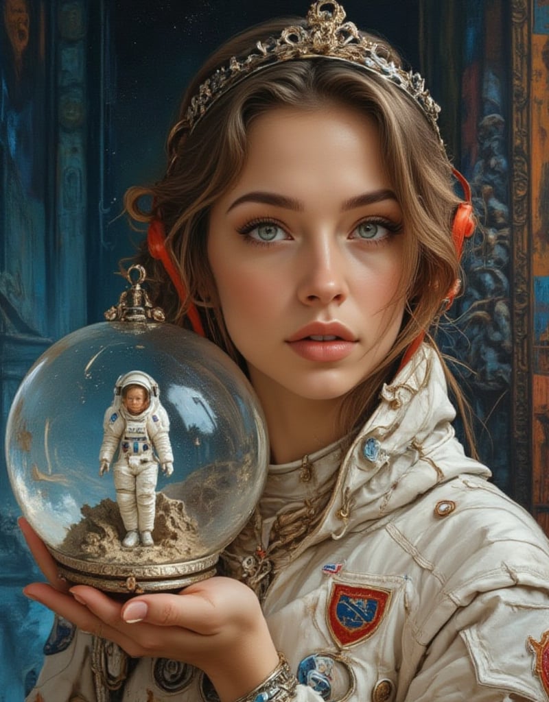 a gorgeous seducing sexy face woman,  with a snow globe in her palm,  inside the snow globe there's a female astronaut by...