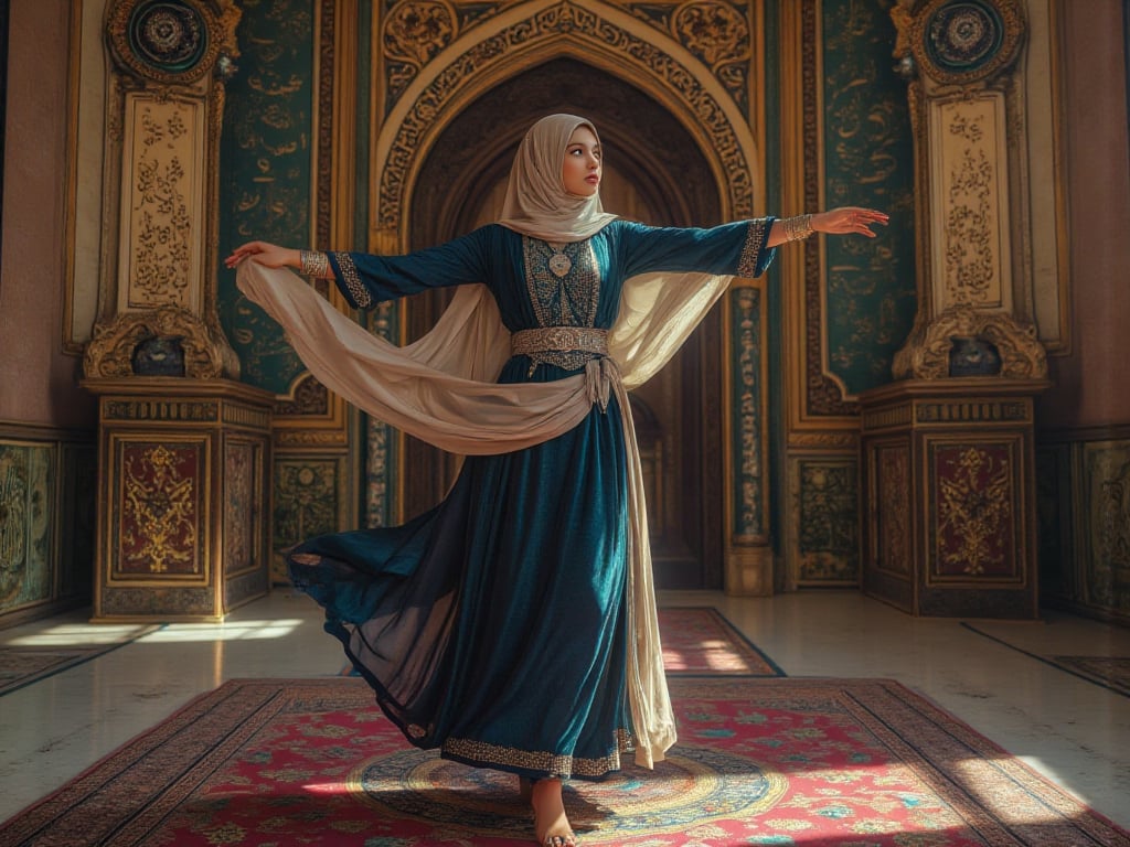 Award-winning hyper-realistic masterpiece in Don Lawrence’s style: A modest Chechen Lezginka Dancer mid-twirl in a Majesti...