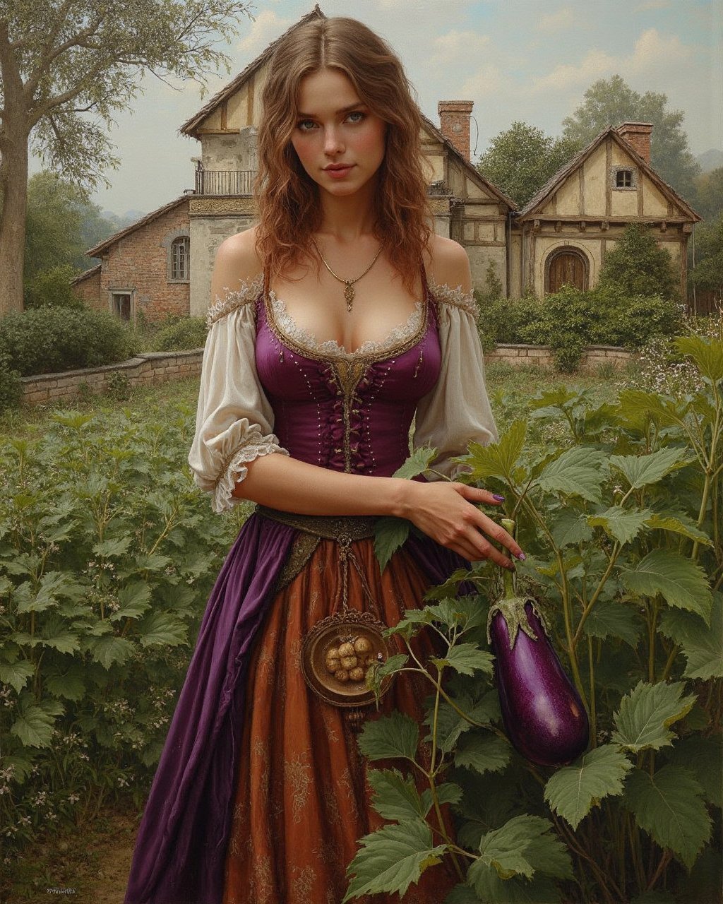 Captivating busty alluring babe donning revealling loose Medieval dress picking big long eggplant from her backyard garden...
