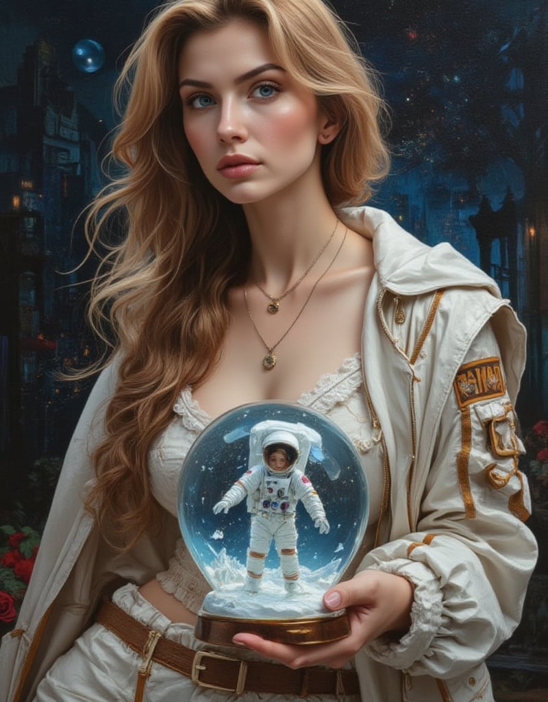 a gorgeous seducing sexy face woman,  with a snow globe in her palm,  inside the snow globe there's a female astronaut by...