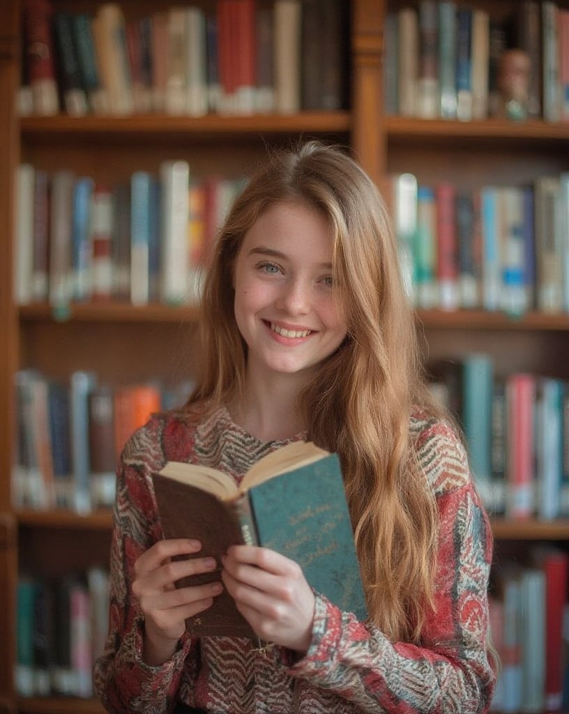 A young British college girl is holding a book and smiling in front of a bookshelf at the university library by Noe Univer...