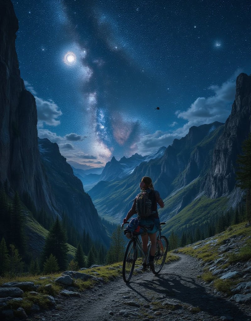 A beautiful female gravel bike packer, detailed face, pedaling her gravel bike, in a starry night, big full moon, Milky Way belt, at The breathtaking Dolomite gravel track, insanely detailed and intricate scene background, realistic Don Lawrence Style