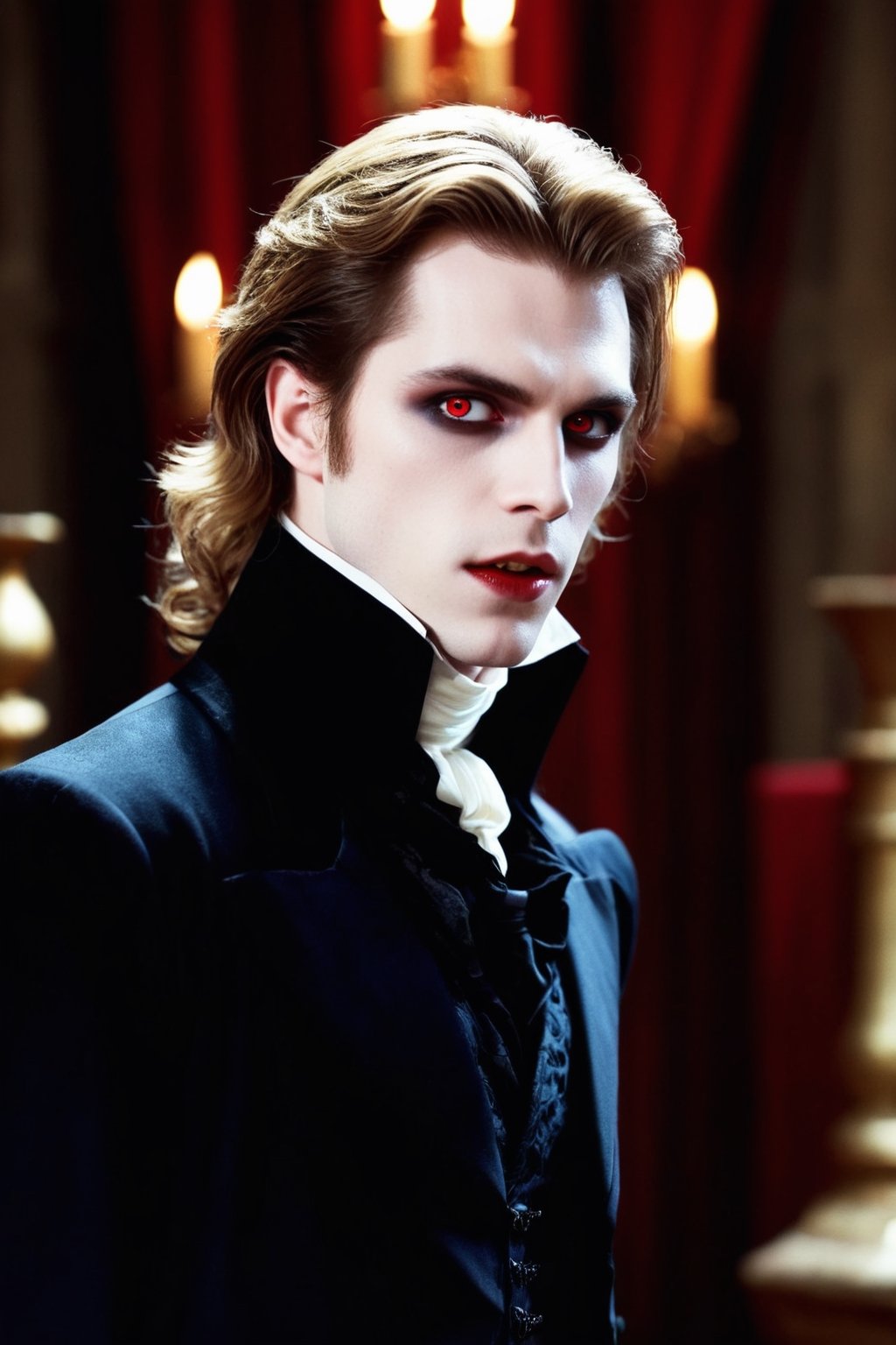 Masterpiece, high quality, ultra high res, detailed face, detailed eyes, (Lestat de Lioncourt), a Vampire male, 24 year old, upper body, face focus, (silver eyes:1.3), pale skin, handsome, comma hair, stylish guy, very handsome, black outfit, small cute fangs, open mouth, bloods at mouth, blood melts, bloods at neck, standing at dark castle indoor, focus on viewer, front view,