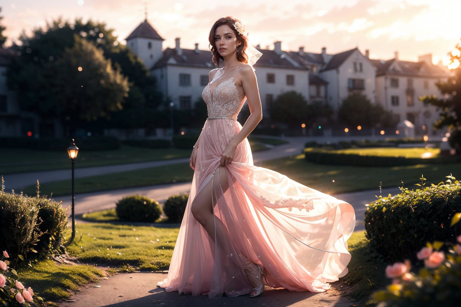 (masterpiece), (realistic),  the most beautiful in the world, (long pink dress), with flowers, many flowers, dreamy, full body, full shot,outdoors, intense sunlight, far away castle, professional photograph of a stunning woman detailed, sharp focus, dramatic, award winning, cinematic lighting, octane render  unreal engine,  volumetrics dtx, (film grain, blurry background, blurry foreground, bokeh, depth of field, sunset, motion blur:1.3), chainmail,WEDDING_DRESS,lightning farron,Detailedface,4nya