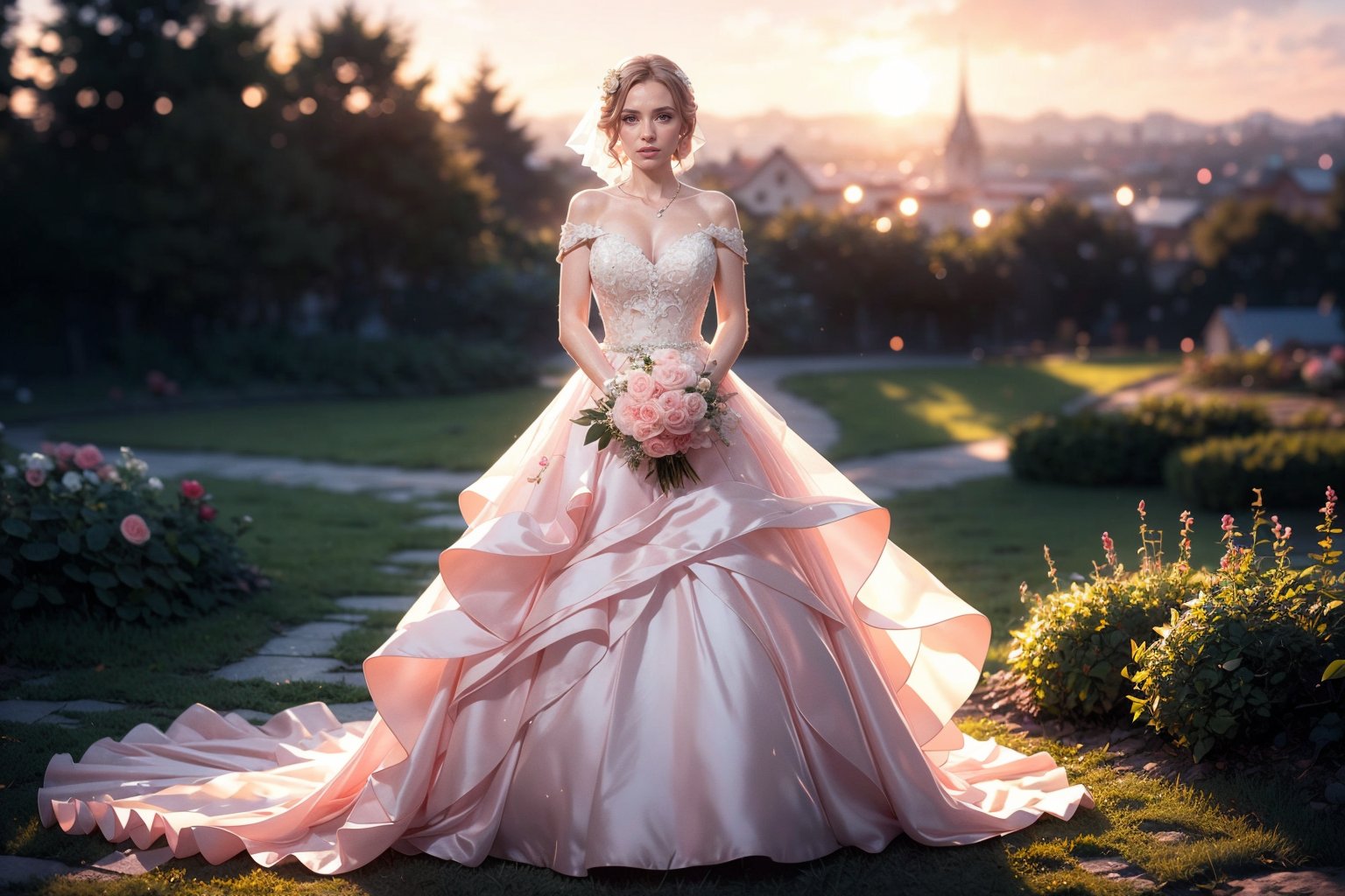 (masterpiece), (realistic),  the most beautiful in the world, (long pink dress), with flowers, many flowers, dreamy, full body, full shot, forest, landscape ,intense sunlight, far away castle, professional photograph of a stunning woman detailed, sharp focus, dramatic, award winning, cinematic lighting, octane render  unreal engine,  volumetrics dtx, (film grain, blurry background, blurry foreground, bokeh, depth of field, sunset, motion blur:1.3), chainmail,WEDDING_DRESS,lightning farron,Detailedface,4nya