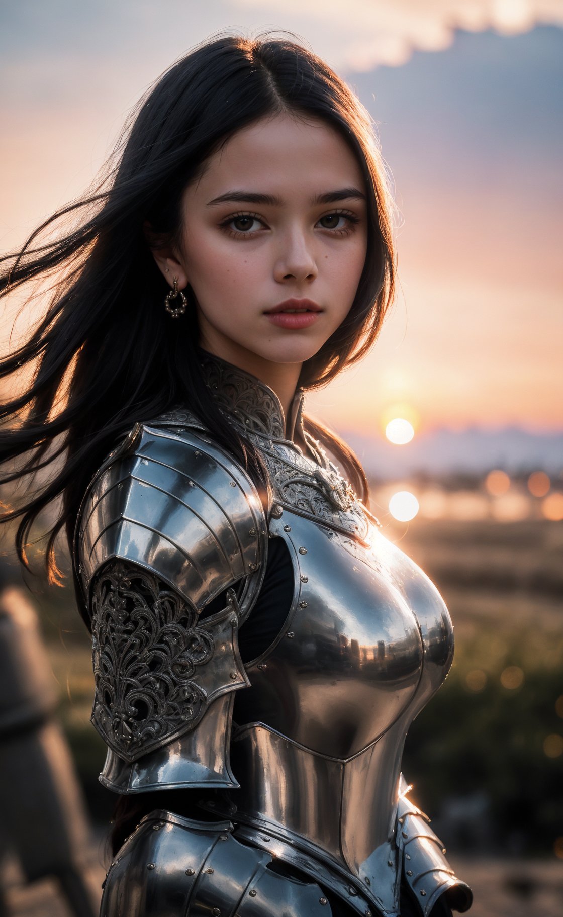 (masterpiece), (extremely intricate:1.3), (realistic), portrait of a girl, the most beautiful in the world, (medieval armor), metal reflections, upper body, outdoors, intense sunlight, far away castle, professional photograph of a stunning woman detailed, sharp focus, dramatic, award winning, cinematic lighting, octane render  unreal engine,  volumetrics dtx, (film grain, blurry background, blurry foreground, bokeh, depth of field, sunset, motion blur:1.3), chainmail