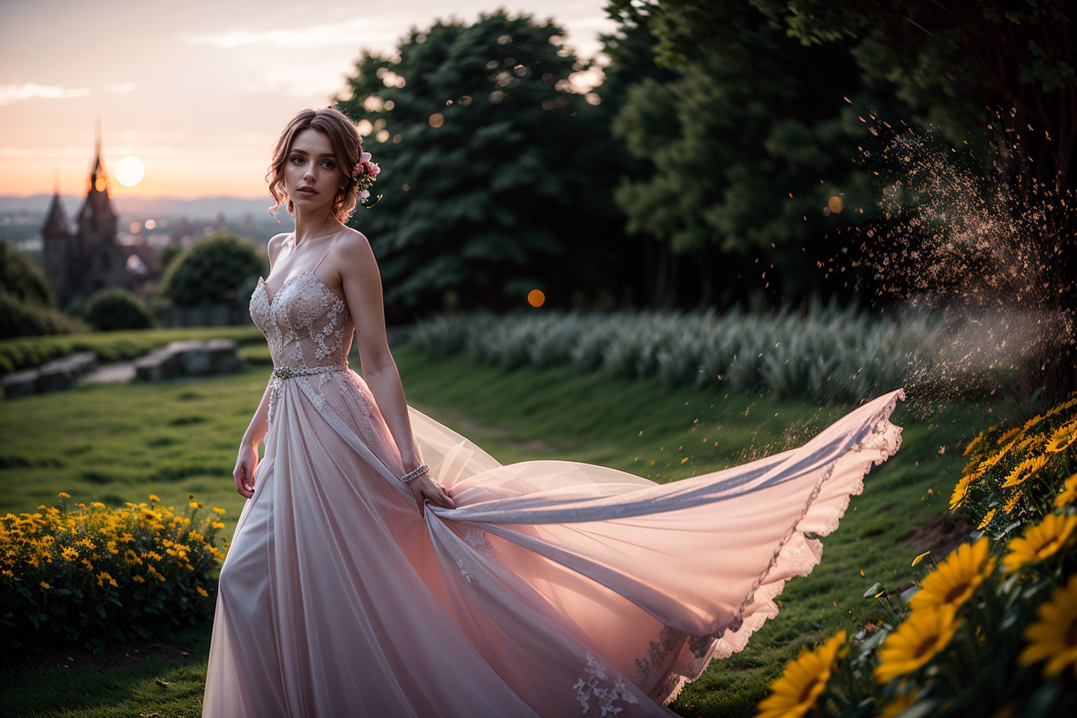 (masterpiece), (realistic),  the most beautiful in the world, (long pink dress), with flowers, many flowers, dreamy, full body, full shot, forest, landscape ,intense sunlight, far away castle, professional photograph of a stunning woman detailed, sharp focus, dramatic, award winning, cinematic lighting, octane render  unreal engine,  volumetrics dtx, (film grain, blurry background, blurry foreground, bokeh, depth of field, sunset, motion blur:1.3), chainmail,WEDDING_DRESS,lightning farron,Detailedface,4nya