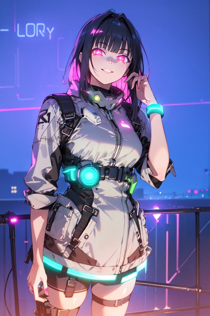 1girl, glowing advanced eyes, ultra-advanced tecnology, arrogant, glow_in_the_dark, glowing clothes, neon eyes,Neon Light, smile,r1ge,phyami