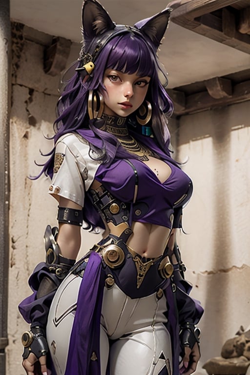 masterpiece, ultra hd, 8k,hdr, dynamic , blue eyes , hyper realistic, detailed background, hot body figure,finely detailed_body, natural_boobs , fullbody, gigantic_breast,1girl, very long hairstyle, (dark purple hair color:1.2), (bright eyes:1.1), | symetrical crown, egyptian, egyptian clothes , egypt godess ,egypt , hecate , fox_ears , seethru , open_legs , Animal ear, perfecteyes , ,Detailedface,Detailedeyes,cybernetic_enhancements,dungeon,urban techwear, white outfit,perfecteyes,crop shirt underboob,kirin armor,aditirh