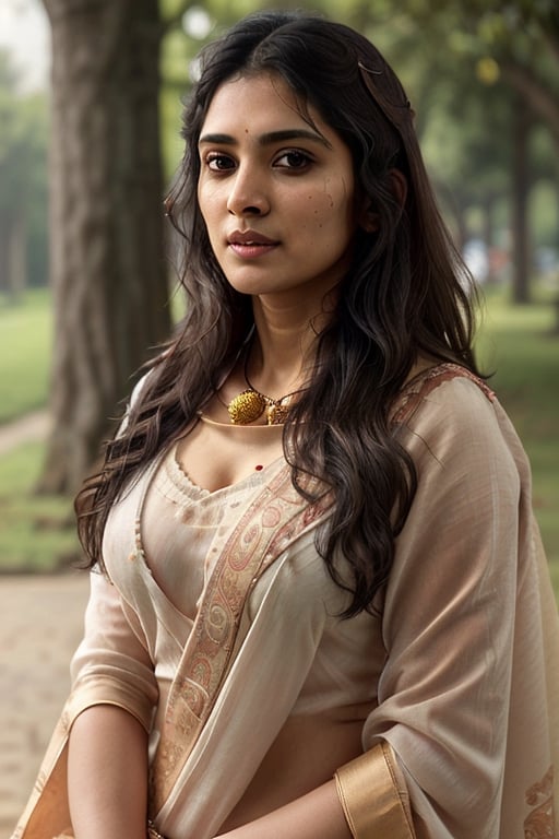 Portrait of A confident-looking Indian woman with long flowing hair, hazel eyes, with flowing capes, c-cup breast, sitting in the park, wearing silk saree, milk drops in breast with focus on breast, full size photo perfect composition, hyperrealistic, super detailed, 8k, high quality, trending art, trending on artstation, sharp focus, studio photo, intricate details, highly detailed, art by greg rutkowski