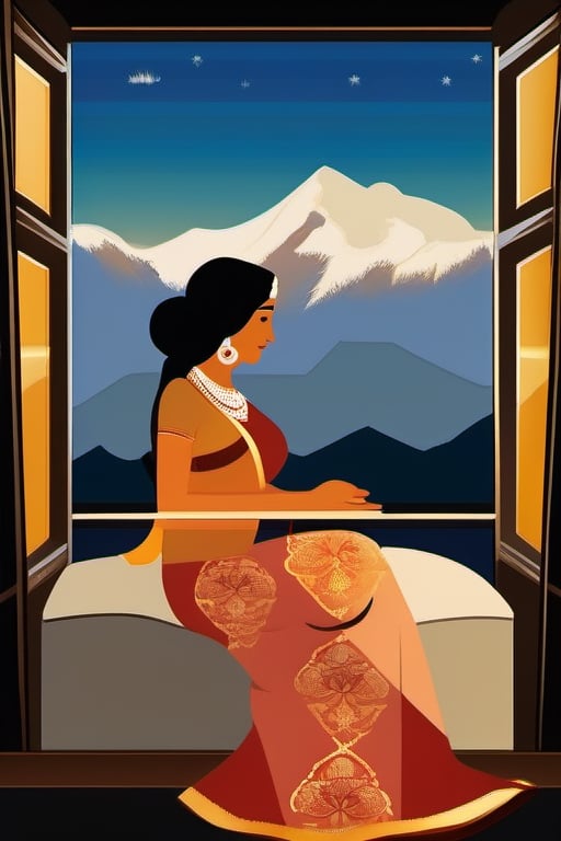 first night of indian couple. A sultry Indian wife in a traditional sari, adorned with gold jewelry. She stands before a floor-to-ceiling window, overlooking the breathtaking snowcapped mountains of the Swiss Alps on their honeymoon.  a king-sized bed is neatly made with crisp linens, inviting them to retire for the night. The air is perfumed with the scent of roses and jasmine, adding to the sensual atmosphere.