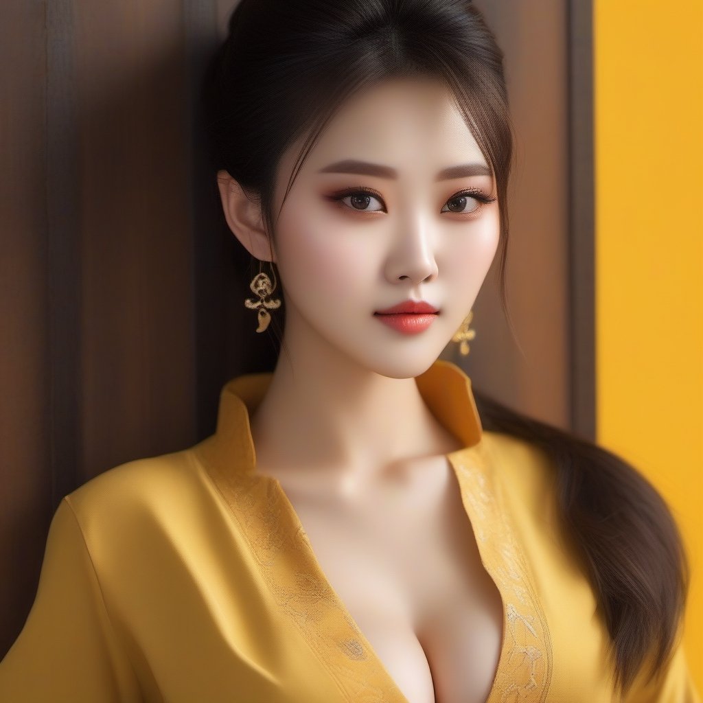 Beautiful sexy Chinese girl, yellow background, ultra clear,realistic,beautifull, sharp face, deep cleavage, navel exosed