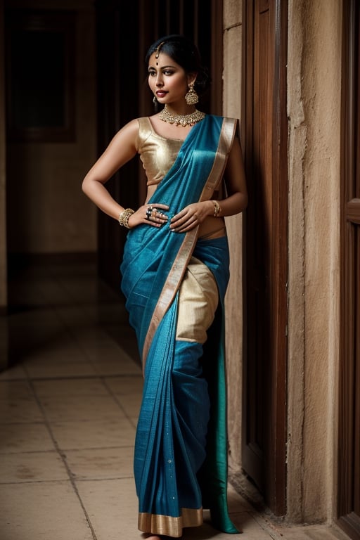 photograph of a woman in a blue and gold sari, very beautiful enga style, very seductive pose, sexy girl with dark complexion, sexy girl, elegant seductive pose, traditional beauty, indian super model, very beautiful girl, beautiful girl model, very pretty model, indian goddess, beautiful model girl, blue colored traditional wear, very beautiful woman, very beautiful photo,aditirh,ketikashrma