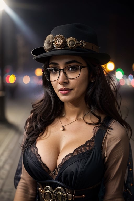 medium shot photo of a mix of (zainabt:0.8), women with glasses, and (santa costume:0.5) sks woman, (big cleavage:1.1), intricate steampunk+ city, evening, dark, atmospheric, mist, best quality masterpiece, photorealistic, detailed, 8k, HDR, shallow depth of field, broad light, high contrast, backlighting, bloom, light sparkles, chromatic aberration, sharp focus, RAW color photo,