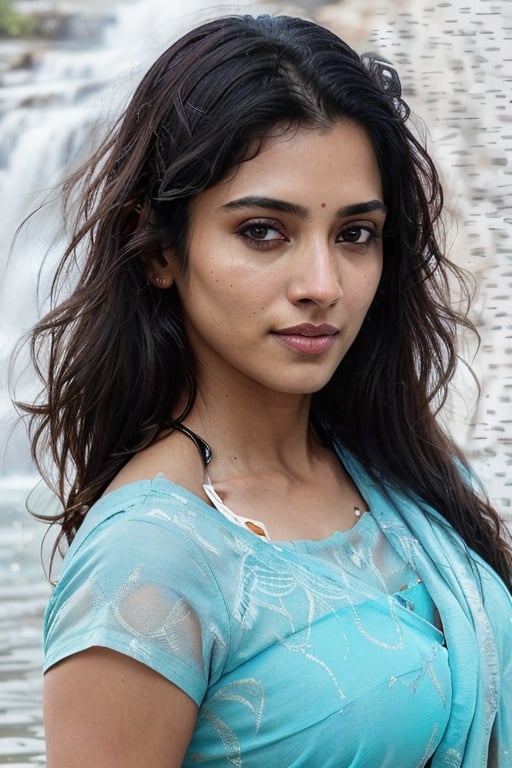 Portrait of A confident-looking indian woman with long flowing hair, hazel eyes, with transparent bikini, c-cup breast, perfect fit body and shape, sitting in water, waterfall background, bokeh, bokeh perfect composition, hyperrealistic, super detailed, 8k, high quality, trending art, trending on artstation, sharp focus, studio photo, intricate details, highly detailed, art by greg rutkowski