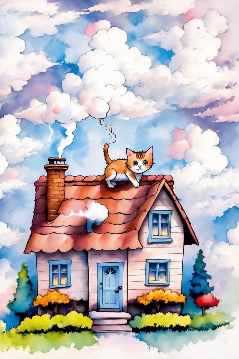  A charming house with a chimney smoking and a cat perched on the roof, flying through the clouds. Use playful, whimsical brushstrokes and a soft color palette to create a magical and enchanting scene