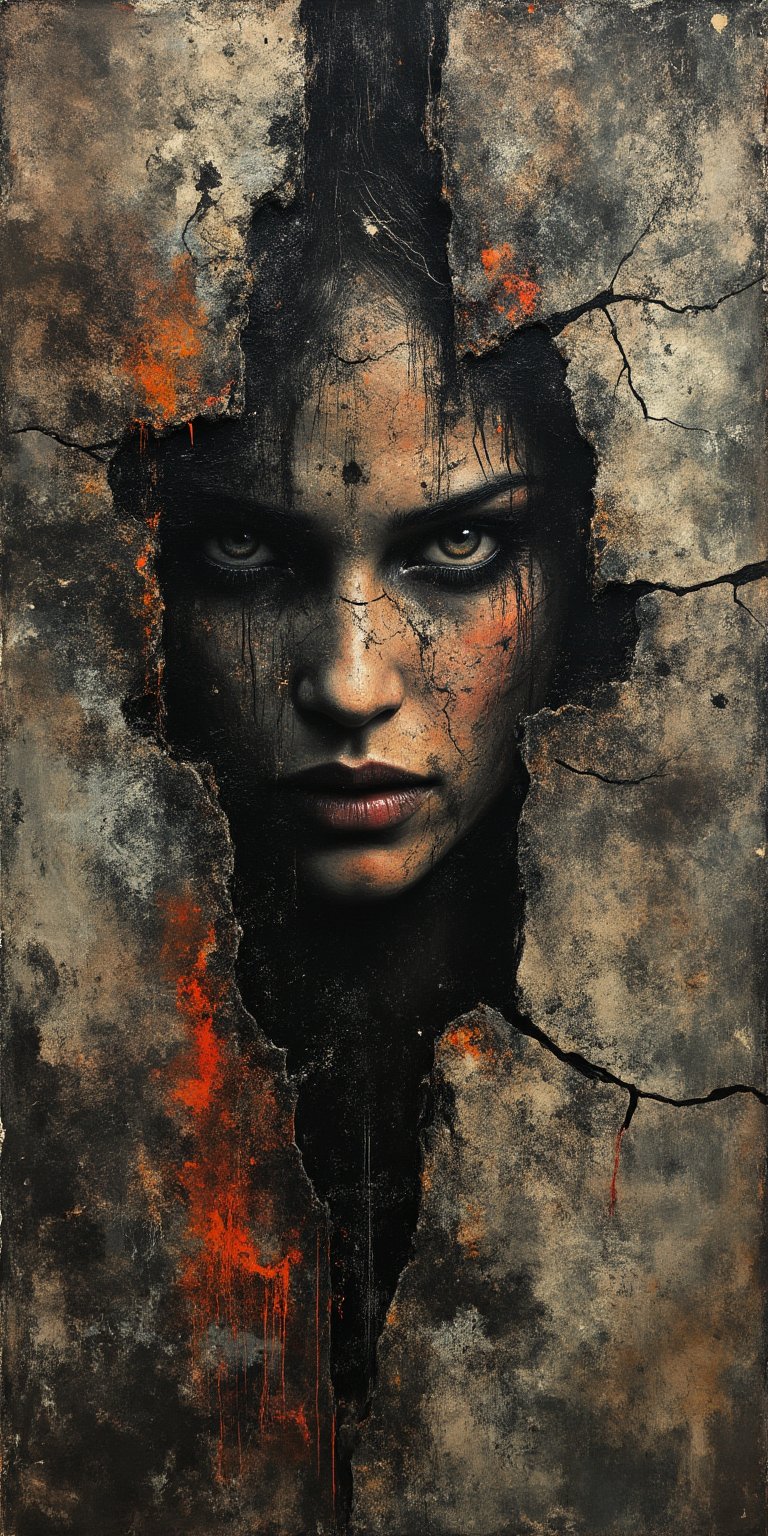 "A haunting portrait of a person's face,  partially obscured by cracks and peeling paint textures,  blending into a distre...