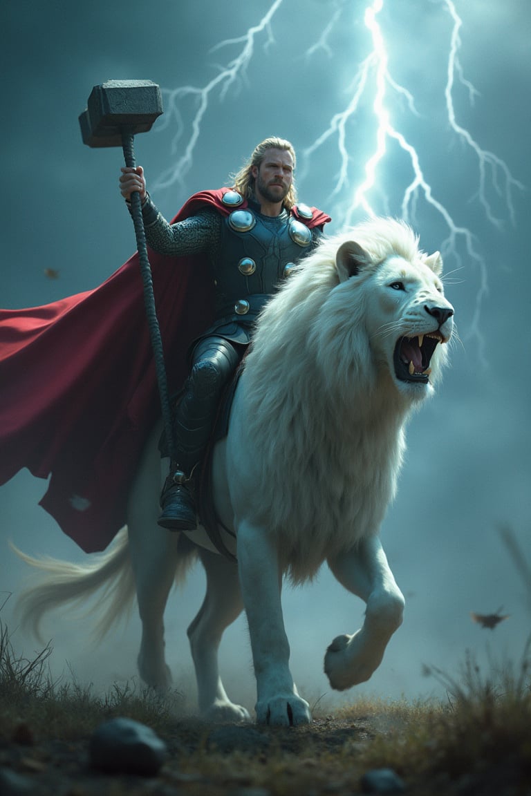 Generate a high-quality 8K image of Thor riding a white lion. Thor should be in a heroic stance with his mighty hammer Mjölnir in hand, while standing in the middle of a thunderstorm. The atmosphere should be charged with energy, with lightning illuminating the stormy sky and reflecting off the lion’s fur. The white lion should be extremely realistic, with detailed fur and well-defined musculature, and should appear to be moving at high speed. Use high-speed blur to capture the sense of motion. The composition should be cinematic, with intricate detail and dramatic lighting that highlights the epic aspects of the scene. Make sure Thor and the lion have a distinct, imposing presence, and that the image conveys a strong, dynamic feel.