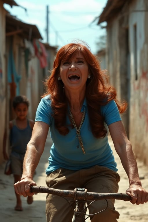 (((A highly realistic image of a 57-year-old woman named Cristina Kirchner in a poor Latin American neighborhood))). Cristina Kirchner, a wealthy millionaire, is laughing loudly as she steals an old, rusty bicycle from a young, impoverished boy. The boy, dressed in torn, dirty clothes, is crying with tears streaming down his face. The scene takes place in a humble barrio with makeshift houses, crumbling walls, and narrow dirt streets. The boy is devastated, while Cristina Kirchner rides away, enjoying the moment. The environment is vivid, with details like laundry hanging on clotheslines and graffiti on the walls., ((Cristina Kirchner wearing Argentine president clothes, long, well-groomed, very combed hair, almost red in color))