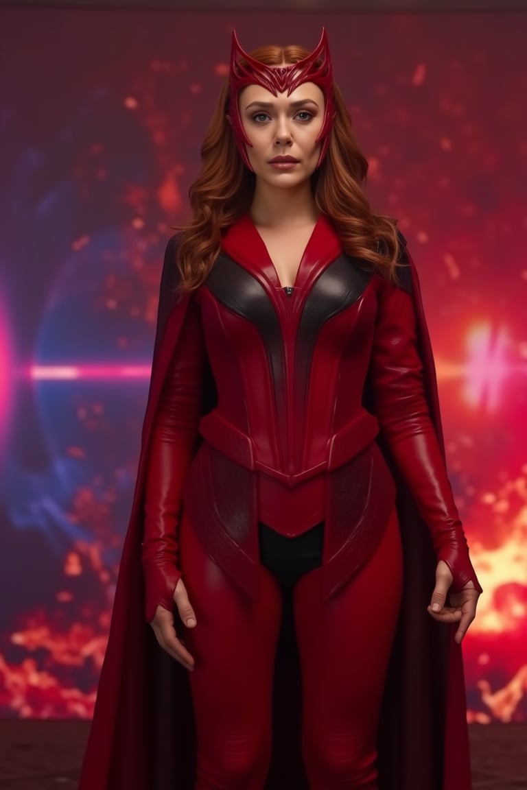 ((Elizabetholsen as Scarlet Witch in Doctor Strange and the Multiverse of Madness)), in her iconic Scarlet Witch costume. ((She is dressed in bright red latex skin-tight tights that are clearly visible)), intricate details of her costume are accentuated, with realistic textures, vibrant colors, and dramatic lighting. The setting is cinematic, capturing her powerful and intense expression, and her surroundings radiate mystical energy.,elizabetholsen,elizabetholsen dressed as the scarlet witch