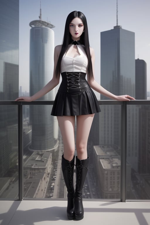 Photorealistic, elegant model, Gorgeous girl , top model , very_long_hair, black-hair, straight_hair, gothic clothes, miniskirt, long_legs,  stylized legs, boots _Black, slim hip on skyscraper platform 