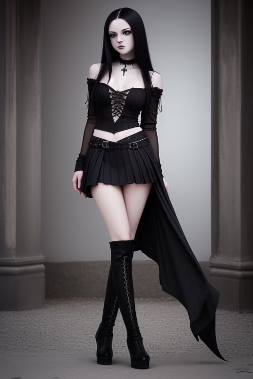 Gorgeous girl , slim, very_long_hair, black-hair, straight_hair, gothic clothes, miniskirt, long_legs,  estilist legs, boots _Black 