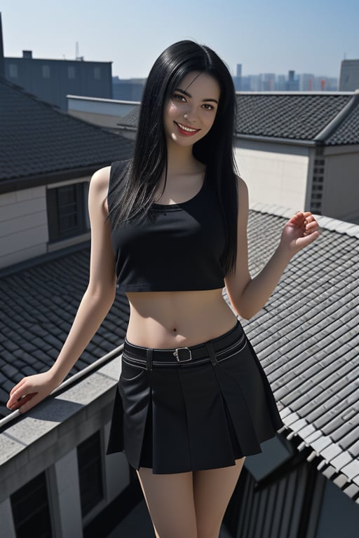 Adjusted black clothes, straight long black hair, blue eyes, long legs, black miniskirt, arms discovered on the roof of a building, thin body, beautiful smile, thin hip, 
Steps: 20, Sampler: Euler a, CFG scale: 7.0, Seed: 165961145, Size: 512x768, Model: Realizzm, Seed resize from: -1x-1, Denoising strength: 0, Clip skip: 2, ENSD: 31337, Version: v1.3.54-2-g7b39cfb