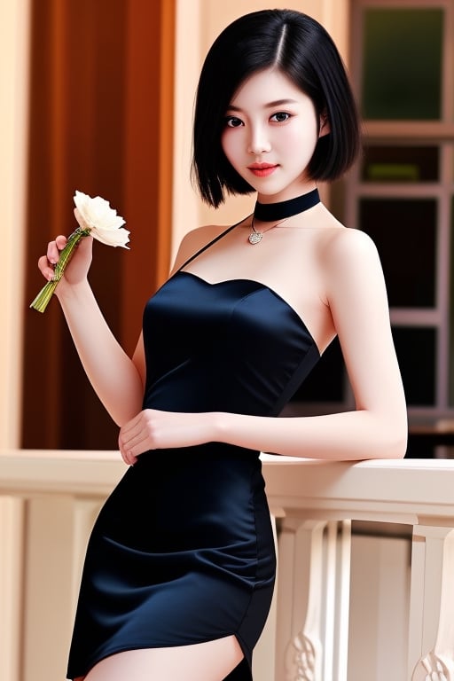 Korean girl with silky straight black pixie hair, exudes elegance and charm. Face: diamond face, fine with delicate curves, with deep blue eyes and mysterious gaze, fine and upturned nose. Here are some details to consider: Silhouette: Create a classic athletic body shape, long slim legs with thin heels. Neckline: sweetheart neckline bridesmaid black dress, perfect radiate a carefree and feminine vibe. Sleeve length: Consider a sleeveless design and mini skirt,wo_stoya02