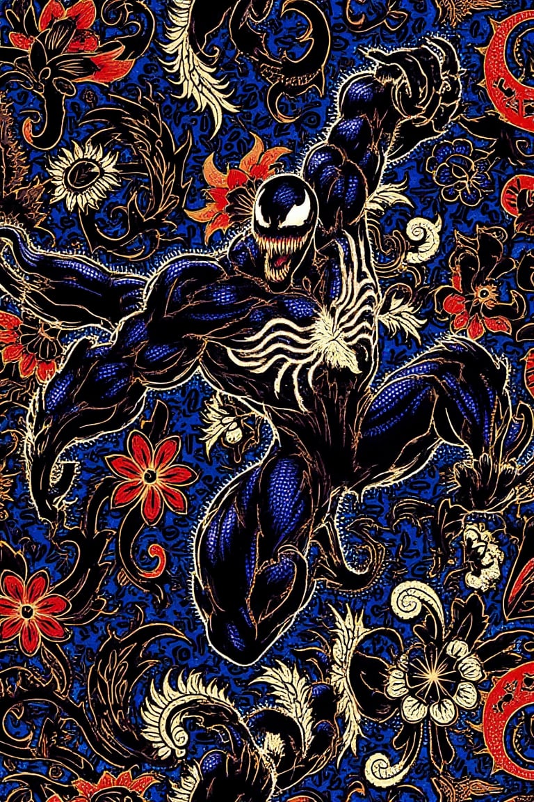 An intricate batik pattern where Venom’s character takes center stage, occupying more than 50% of the image. Venom’s menacing form is integrated into the flowing traditional batik motifs, with his sharp teeth, tendrils, and muscular physique prominently featured. The batik patterns surrounding Venom are composed of swirling shapes, florals, and geometric designs, all harmoniously blending with his dark and sinister figure. The dominant colors are deep blue, black, and red, with the patterns alternating between these bold hues to create a dynamic and powerful visual. Venom’s size and presence command the composition, while the traditional batik elements soften and balance the overall image, making it a striking fusion of culture and character, BatikPattern