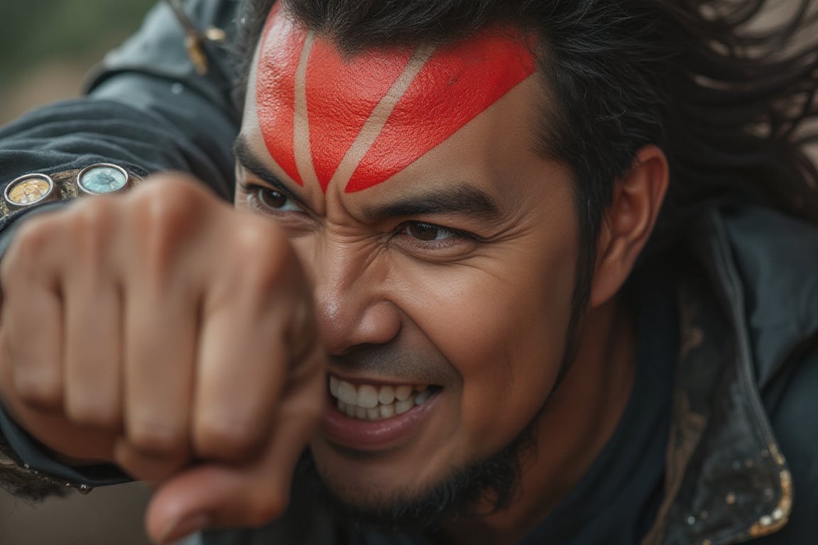 Realistic portrait photography, fast action time freeze, low angle close-up shot of an asian heroic warrior's face, the warrior is clenching his fist ready to launch a powerful punch, striking pointy red stripes Warrior Mark on his forehead accentuate his unwavering warrior spirit and strength,Amrulqays,Belang Tarung