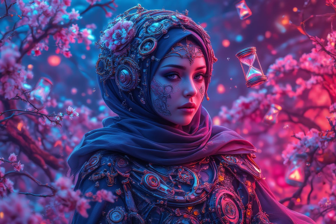 A high-definition, captivating image of a hijabi woman in steampunk attire, blending traditional modest fashion with futuristic elements. Her outfit is adorned with intricate gears, clockworks, and hourglasses, all glowing with vibrant neon blue and pink effects. The mechanical components are detailed with metallic textures, radiating a soft neon light that contrasts beautifully against the dark, industrial tones of the steampunk aesthetic. In the background, delicate cherry blossoms gently float in the air, their soft pink petals creating a serene and peaceful contrast to the mechanical scene. The lighting enhances the contrast between the warm, natural beauty of the blossoms and the cool, glowing neon effects on the gears and clockworks. The overall mood combines elegance and modernity, with the neon lighting adding a futuristic twist to the steampunk style.,NeonDystopia,SteampunkHijab