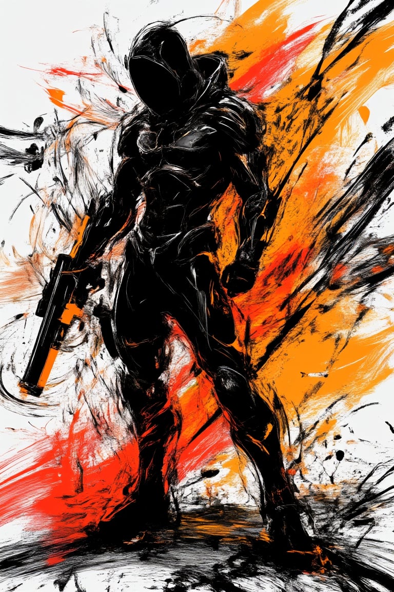 A striking poster-style image of a cool and stylish shadow assassin, posed confidently with a futuristic weapon in hand. The assassin is dressed in sleek black tactical gear with minimal armor, highlighted by bold brushstrokes of orange and black across the composition. The dynamic brushstrokes give the poster an intense, artistic feel, adding motion and energy to the scene. The background is abstract, with swirling strokes of orange blending into deep shadows of black, creating a contrast that enhances the assassin's figure. The assassin stands in a powerful stance, partially shrouded in shadow, while the orange strokes give the impression of movement and action. The lighting is dramatic, casting sharp shadows that emphasize the assassin’s mysterious nature. Overall, the poster evokes a sense of stealth and elegance with a modern artistic flair. cinematic dramatic color style,WildfireFury,BrushstrokeSymphony