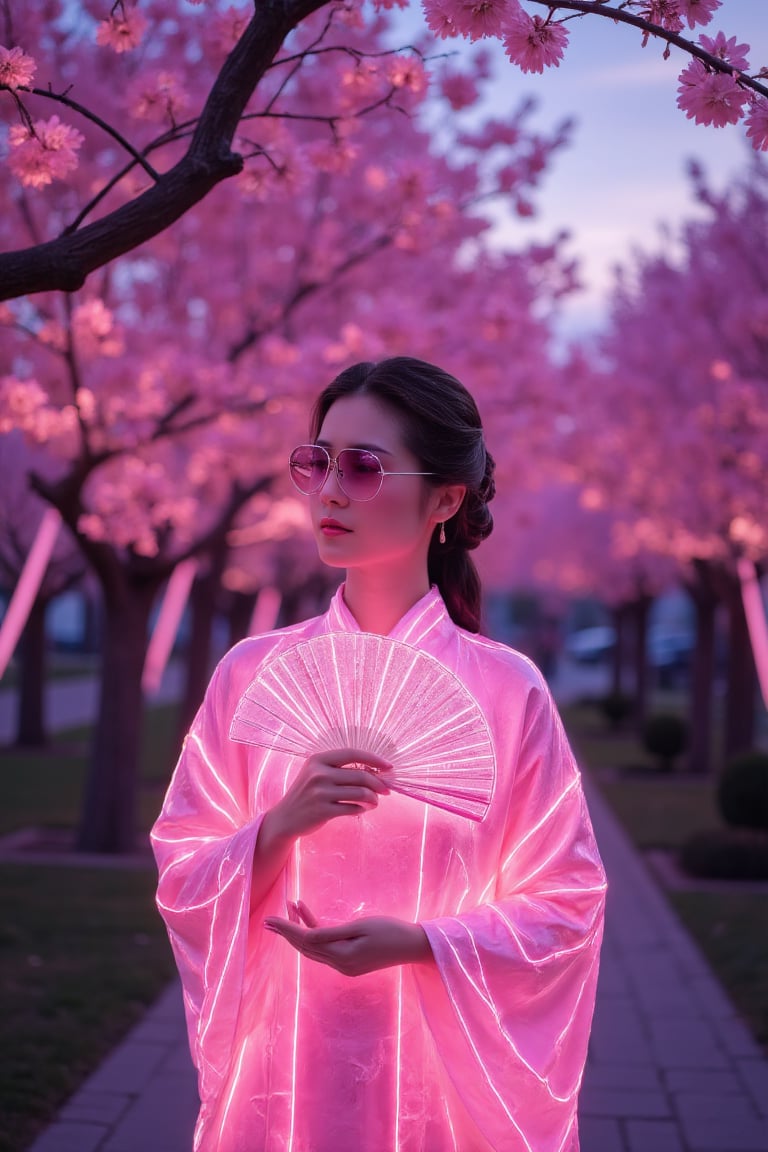 A lady in a glowing pink hanfu outlined in neon, her hand gracefully holding a fan, standing beneath vibrant neon cherry blossoms through a peaceful, futuristic temple garden at twilight. The scene is captured from a low angle, highlighting the neon outlines of her fan as it reflects the cherry blossoms' glow. Soft neon lighting creates a magical glimmer on her attire’s surface, with luminous accents emphasizing her serene expression. The background features blurred neon branches, all softened to emphasize her stillness. The neon sky complements the tranquil atmosphere.
(1.6-1) d S = δ Q rev T::[0.7] [lady]::[0.3] [neon-cherry_blossoms] --s [neon-hanfu],PTAIHanfu, Enchantment, Neon Wireframe,Carrera 5623 PD,sunglass