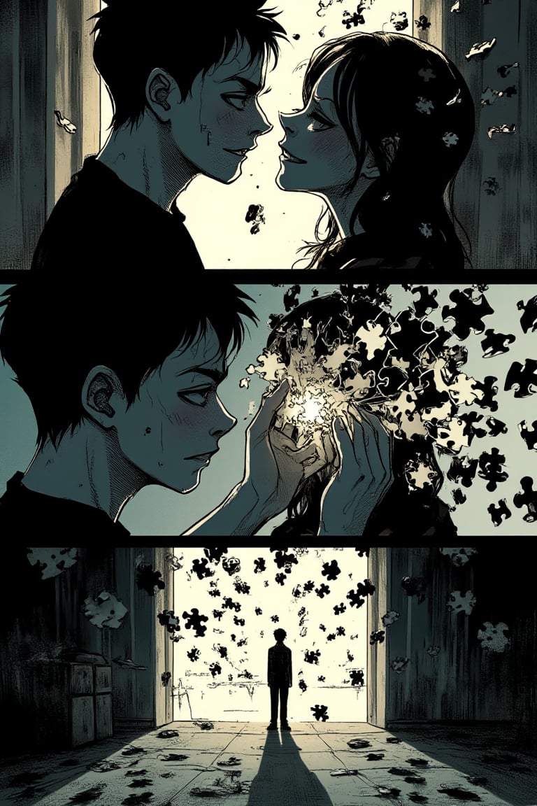 Top panel: A couple arguing in a dimly lit room, the shadows cast long across their faces. The scene is captured from a low-angle perspective, showing the emotional strain between them.
Middle left panel: The female protagonist’s face begins to break apart into jigsaw puzzle pieces, each piece falling away as she turns from her lover in pain, leaving her fragmented and incomplete.
Middle right panel: Close-up of the male protagonist’s hand reaching out, but his touch only causes more puzzle pieces to fall away, as if he is unable to keep her whole.
Bottom panel: The room is filled with scattered puzzle pieces, symbolizing their fractured relationship, while the male protagonist stands alone, surrounded by dark shadows and blurred remnants of the love they once shared. (1.6-1) d S = δ Q rev T::0.7 love shattered::0.3 jigsaw puzzle disintegration --s manga emotional thriller, DynamicMangaPanels,DynamicMangaFrames