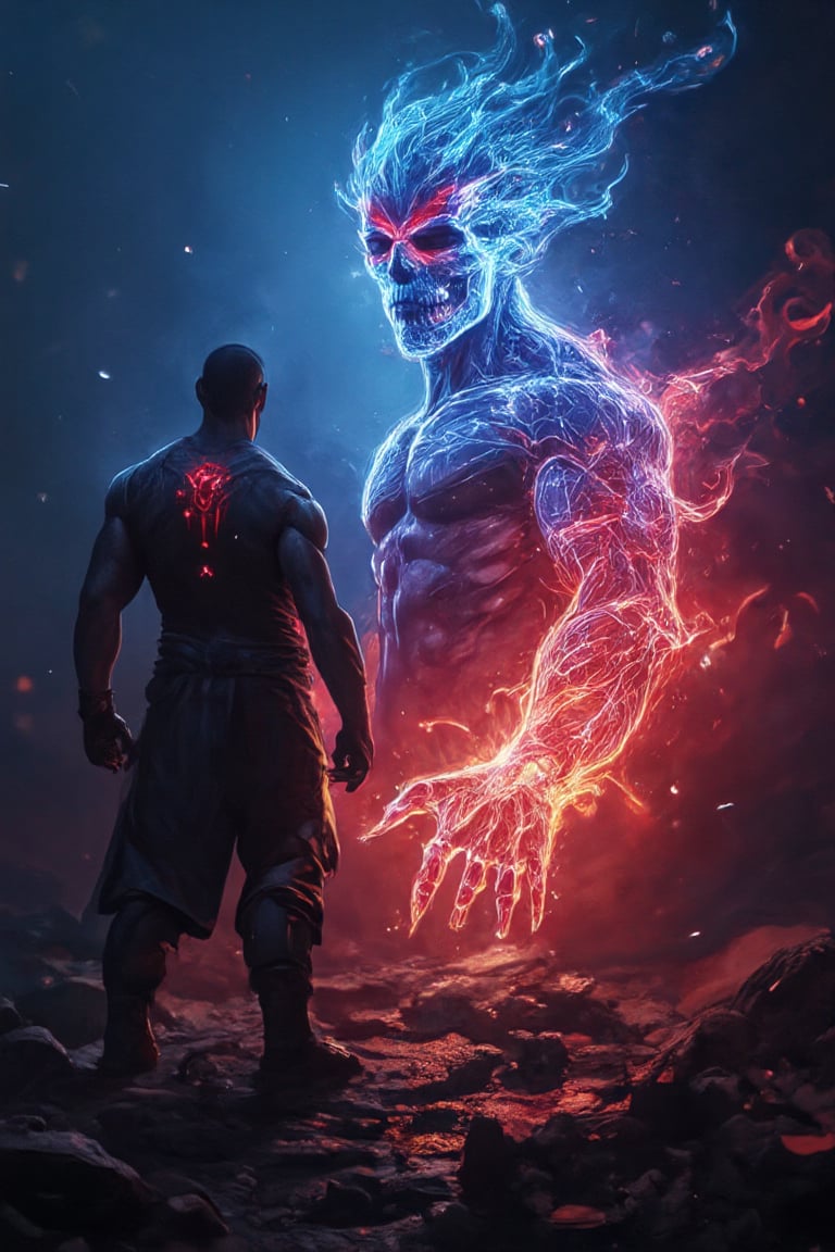 A realistic photo of a man with a red warrior mark on his forehead, standing firmly with a determined stance. Next to him floats a muscular flameskulled apparition, his summon made of glowing blue holographic wireframe with a void-filled interior, holding a hellish skullsabre engulfed in flames. The scene is captured from a bird's eye view, showing the intricate details of the warrior's red mark on his forehead, the glowing wireframe of the summon. Natural light mixes with the intense glow from the apparition, creating dramatic shadows and highlights across the scene,Warrior Mark,Belang Tarung,Neon Glow,Holographic Network