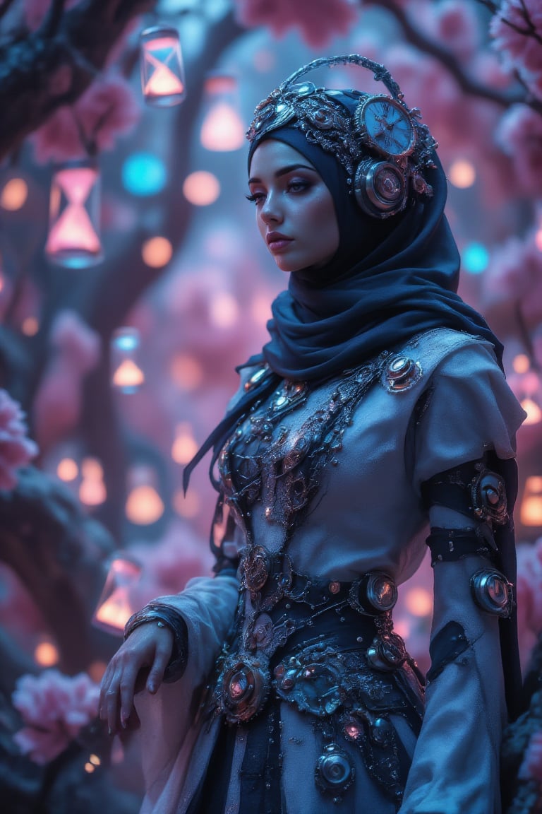 A high-definition, captivating image of a hijabi woman in steampunk attire, blending traditional modest fashion with futuristic elements. Her outfit is adorned with intricate gears, clockworks, and hourglasses, all glowing with vibrant neon blue and pink effects. The mechanical components are detailed with metallic textures, radiating a soft neon light that contrasts beautifully against the dark, industrial tones of the steampunk aesthetic. In the background, delicate cherry blossoms gently float in the air, their soft pink petals creating a serene and peaceful contrast to the mechanical scene. The lighting enhances the contrast between the warm, natural beauty of the blossoms and the cool, glowing neon effects on the gears and clockworks. The overall mood combines elegance and modernity, with the neon lighting adding a futuristic twist to the steampunk style,SteampunkHijab,BlueDreams,DisneyRenstyle