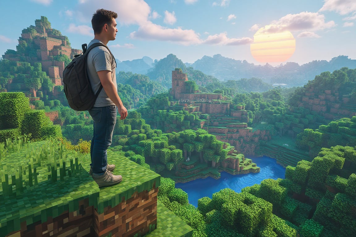 A vibrant scene of a realistic real man from the real world standing on a hilltop within the pixelated world of Minecraft, gazing out over the expansive Minecraft landscape below. The man is depicted with lifelike detail, featuring natural skin tones, casual modern clothing, and a thoughtful expression as he takes in the view. The hill he stands on is composed of blocky Minecraft terrain, with pixelated grass and earth. Below, the Minecraft world stretches out in a patchwork of forests, rivers, and blocky villages, all rendered in the signature pixelated style. The scene captures a harmonious blend of realism and Minecraft's digital charm, using vibrant colors like lush greens, deep blues, and warm browns to create a dynamic and inviting atmosphere. The composition features a variety of line weights, adding depth and dimension to the pixelated environment. Soft, natural light bathes the landscape, with the blocky sun casting a warm glow over the scene, creating a sense of adventure and discovery. The overall feel is both informative and enchanting, inviting viewers to explore the pixelated world from the perspective of a real person, emphasizing the contrast between the realistic man and the charming simplicity of the Minecraft world,RealCraft