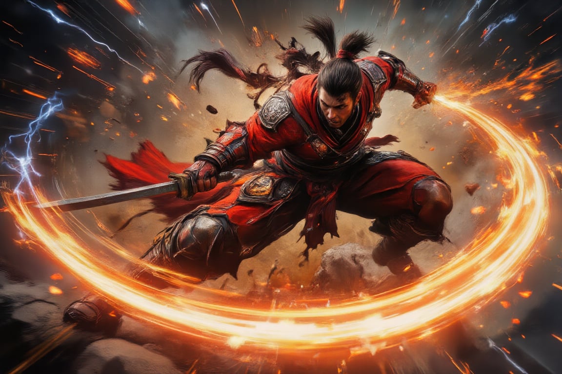 A photorealistic scene of a red-donned samurai airborne, executing a powerful downward slash from above. His katana swing leaves bold, exaggerated light trails that enhance the speed and strength of the descent. The red attire stands out against a blurred background, adding to the dynamic, high-intensity action of the airborne attack,High Speed,Hyperspeed,WildfireFury,red samurai,slashing,swinging