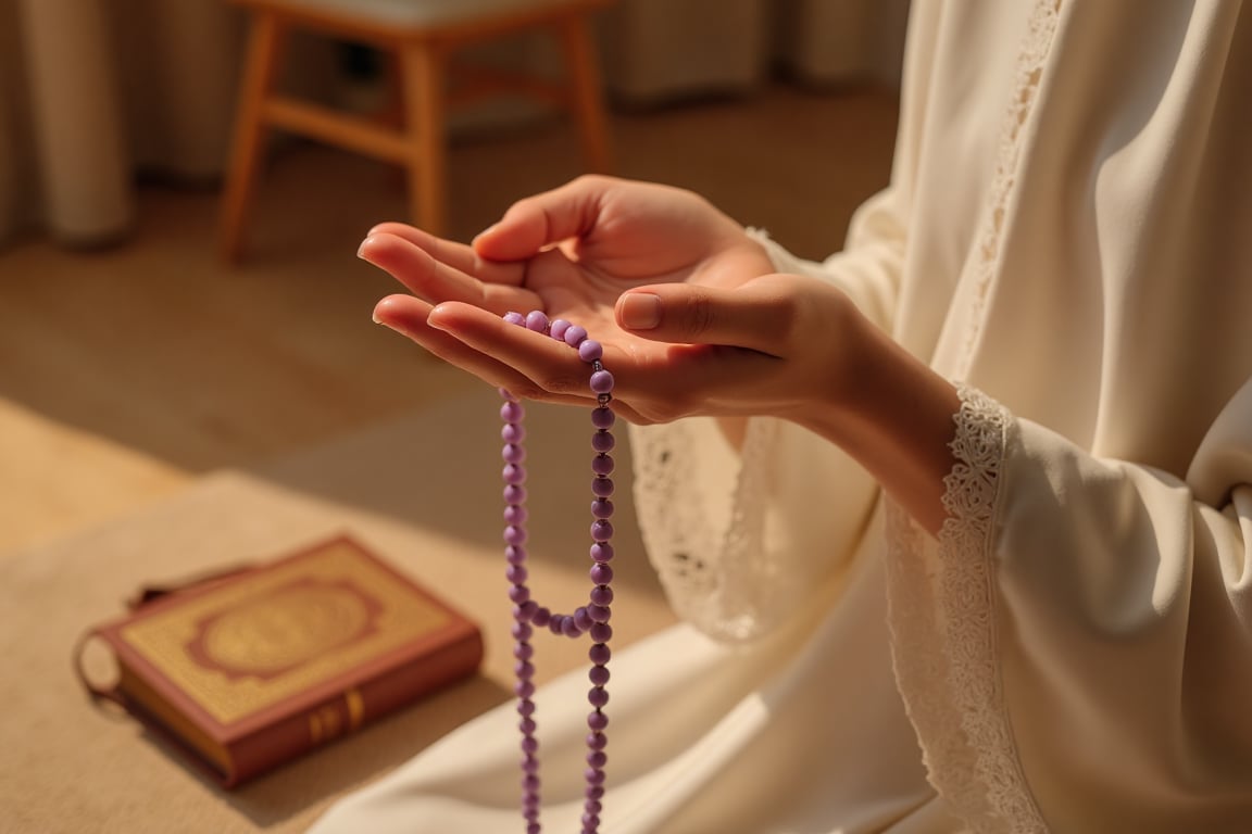 A close-up, intimate photograph of a woman in prayer with her hands gently cupped together, holding purple prayer beads with relaxed fingers. She wears a white telekung, subtly covering her wrists, enhancing her delicate pose. The softly lit background includes an out-of-focus Quran with an ornate cover, creating a serene, spiritual atmosphere. Warm, natural lighting gently illuminates the scene, adding to the peaceful and reverent mood, she sits on a prayer mat on the floor,cinematic dramatic color style