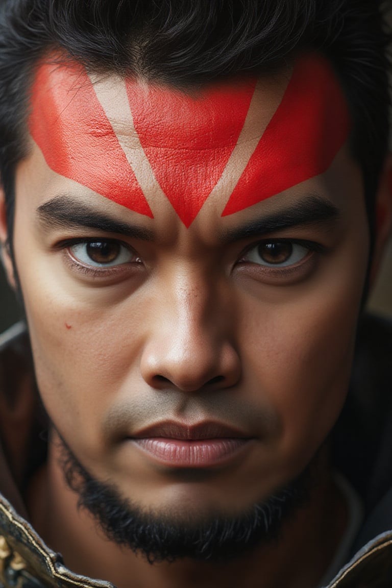 Realistic portrait photography, fast action time freeze, low angle close-up shot of an asian heroic warrior's face, striking red stripes Warrior Mark on his forehead accentuate his unwavering warrior spirit and strength,Amrulqays,Belang Tarung