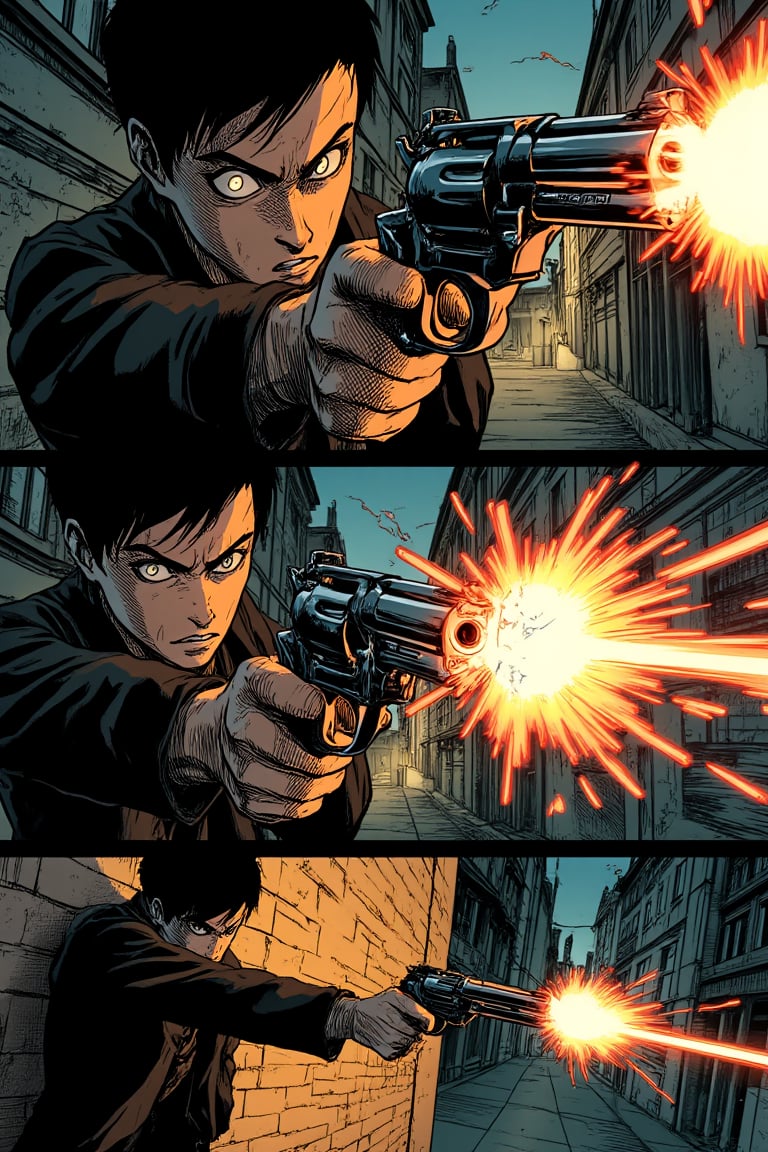 Top left panel: A protagonist with a sharp gaze aiming a sleek revolver through a narrow alley at dusk. The scene is captured from a low-angle shot, highlighting the intensity in the protagonist's eyes. Harsh shadows create dramatic contrast on the revolver's surface, with streaks of motion lines emphasizing the speed of the shot.
Top right panel: Close-up of the revolver barrel mid-firing, with the bullet leaving the chamber. The background features blurry street lamps and motion lines accentuating the shot.
Bottom panel: Protagonist ducking behind a wall, reloading, as the dark alley looms in the background.
(1.6-1) d S = δ Q rev T::0.7 protagonist's focus::0.3 alleyway tension --s manga noir, DynamicMangaPanels,DynamicMangaFrames