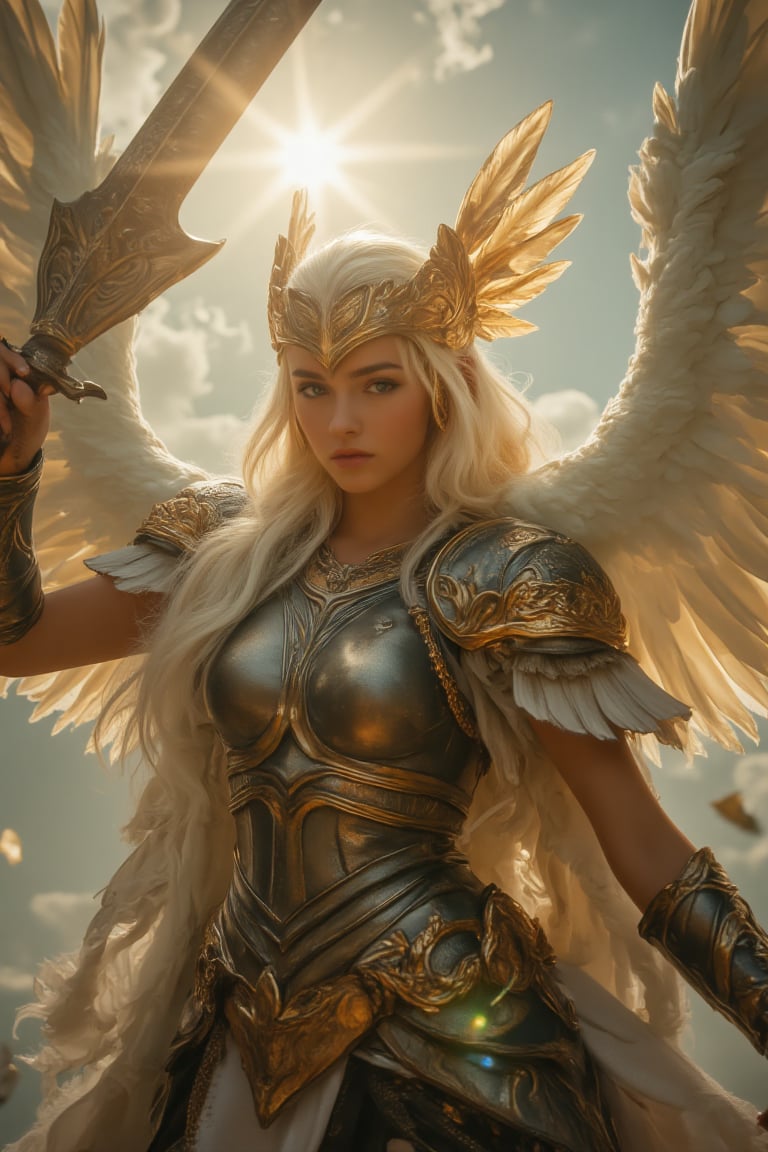 photorealistic portrait of winged Valkyrie Lenneth holding her sword upward in charismatic pose, charming and strong looking, background of sunshine cloudscapes,sunray lit her sword, EnchantingGlow,LightBurst