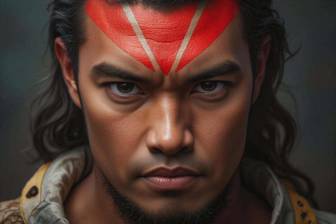 Realistic portrait photography, fast action time freeze, low angle close-up shot of an asian heroic warrior's face, striking red stripes Warrior Mark on his forehead and cheeks accentuate his unwavering warrior spirit and strength,Amrulqays,Belang Tarung