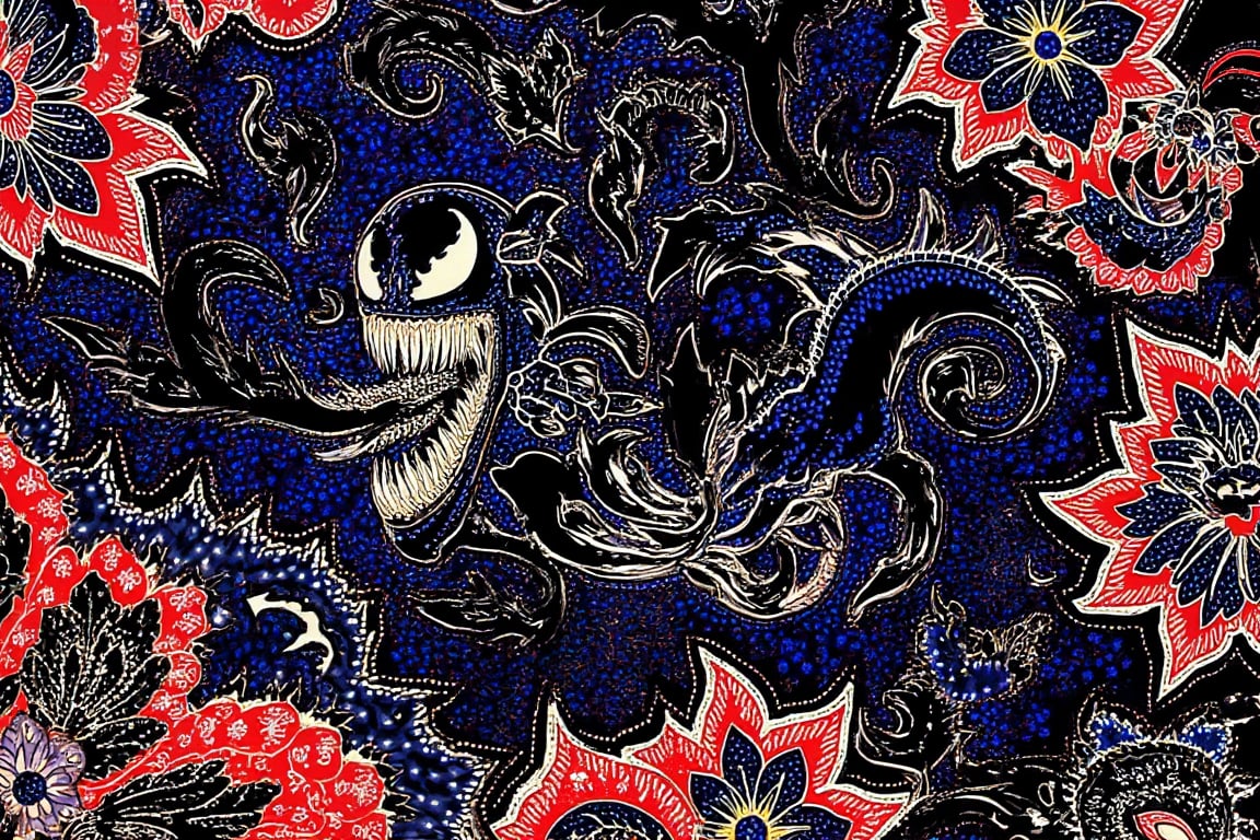 An intricate batik pattern where Venom’s character takes center stage, occupying more than 50% of the image. Venom’s menacing form is integrated into the flowing traditional batik motifs, with his sharp teeth, tendrils, and muscular physique prominently featured. The batik patterns surrounding Venom are composed of swirling shapes, florals, and geometric designs, all harmoniously blending with his dark and sinister figure. The dominant colors are deep blue, black, and red, with the patterns alternating between these bold hues to create a dynamic and powerful visual. Venom’s size and presence command the composition, while the traditional batik elements soften and balance the overall image, making it a striking fusion of culture and character, BatikPattern