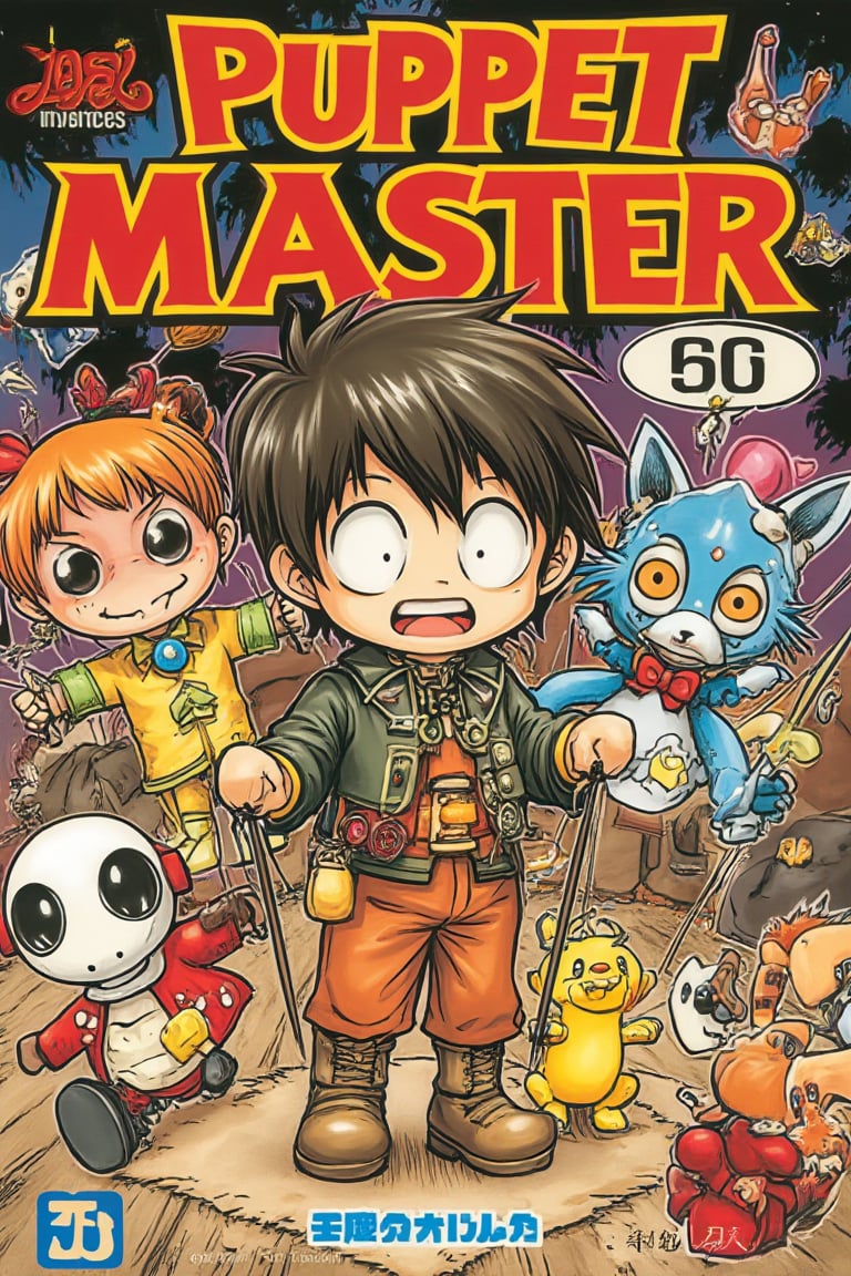 MangaCover of a japanese fantasy manga entitled "Puppet Master" centering on chibi whimsical puppeteer hero maneuvering giant mechanical dolls by using thread strings