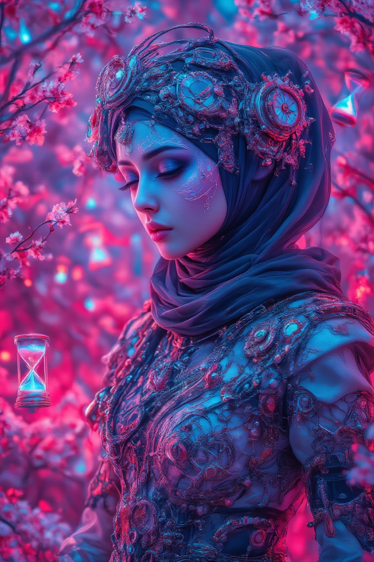 A high-definition, captivating image of a hijabi woman in steampunk attire, blending traditional modest fashion with futuristic elements. Her outfit is adorned with intricate gears, clockworks, and hourglasses, all glowing with vibrant neon blue and pink effects. The mechanical components are detailed with metallic textures, radiating a soft neon light that contrasts beautifully against the dark, industrial tones of the steampunk aesthetic. In the background, delicate cherry blossoms gently float in the air, their soft pink petals creating a serene and peaceful contrast to the mechanical scene. The lighting enhances the contrast between the warm, natural beauty of the blossoms and the cool, glowing neon effects on the gears and clockworks. The overall mood combines elegance and modernity, with the neon lighting adding a futuristic twist to the steampunk style.,NeonDystopia,SteampunkHijab